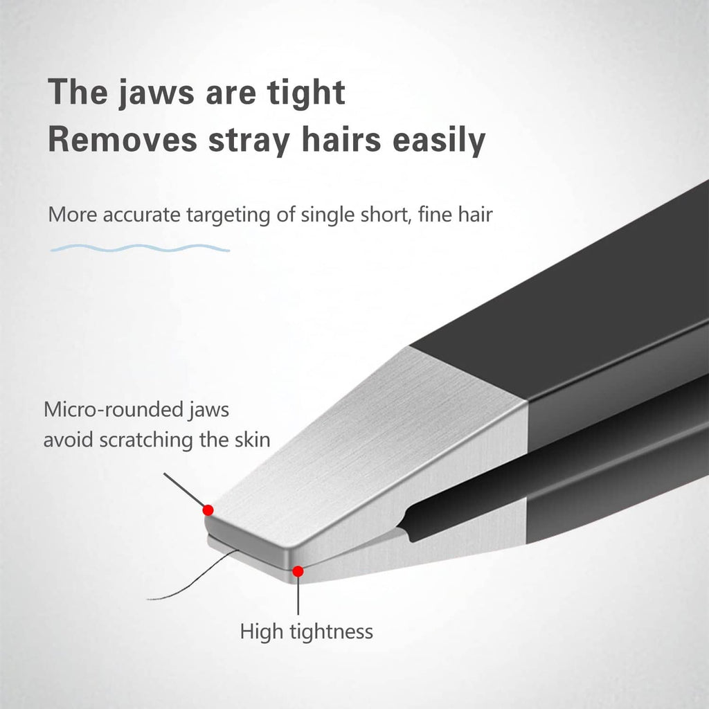 Close-up of black precision tweezers with tight, micro-rounded jaws