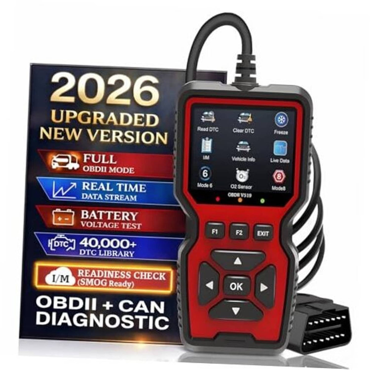 Handheld OBD2 scanner with red and black body, color screen, and OBD cable