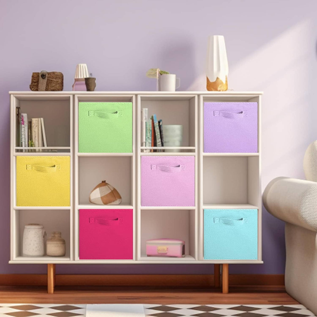 Pastel fabric storage cubes in cubby shelves with built-in handles