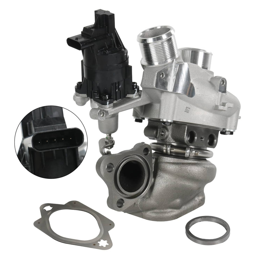 Driver-side turbocharger with silver housing, black electrical connector, and gaskets