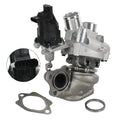 Driver-side turbocharger with silver housing, black electrical connector, and gaskets