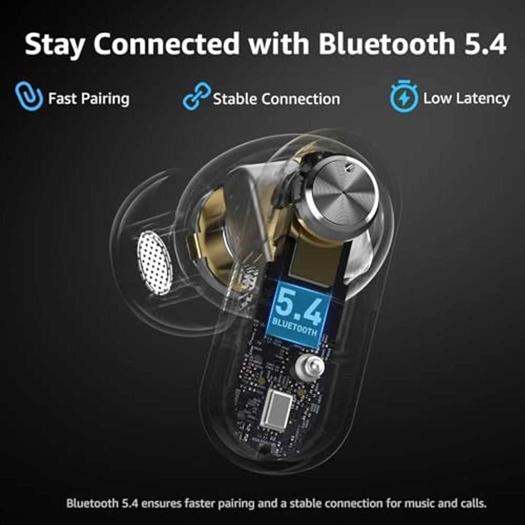 White wireless earbuds with charging case, glossy driver details and clear ear tips