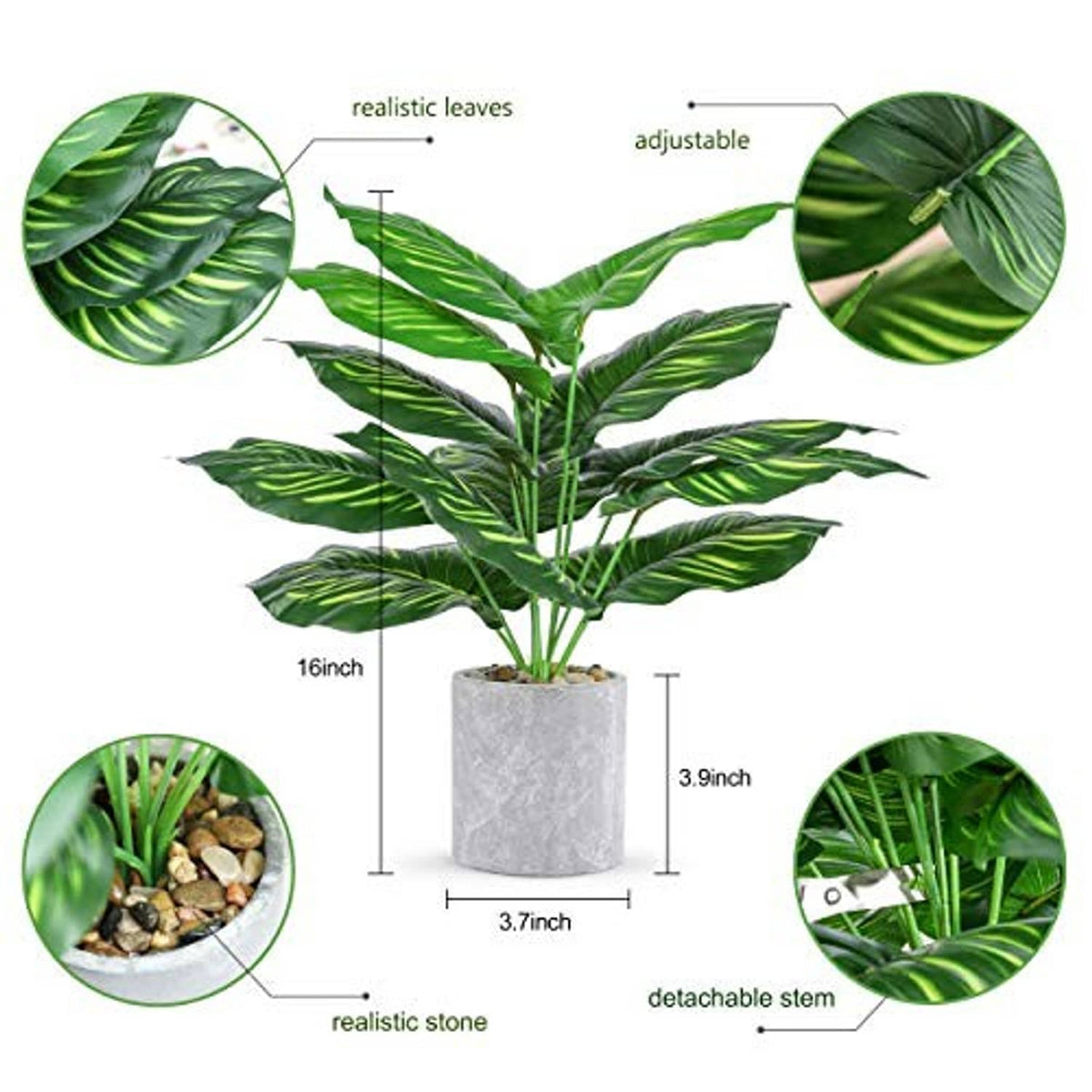 Artificial potted tropical plant with realistic leaves and detachable stem, gray stone pot