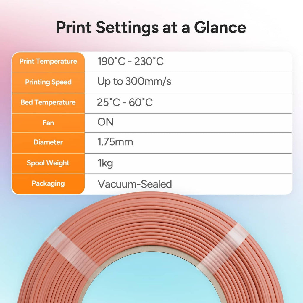 PLA filament refill spool with print settings table and 1.75mm diameter details