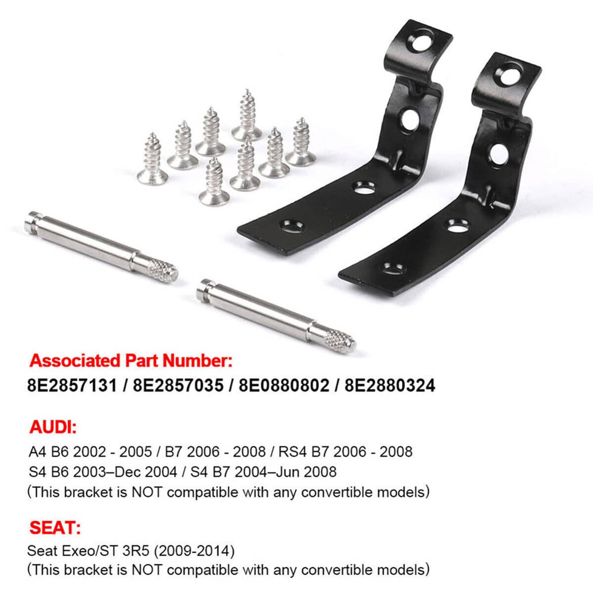 Hinge repair bracket kit with two black brackets, screws, bolts, and reference part info