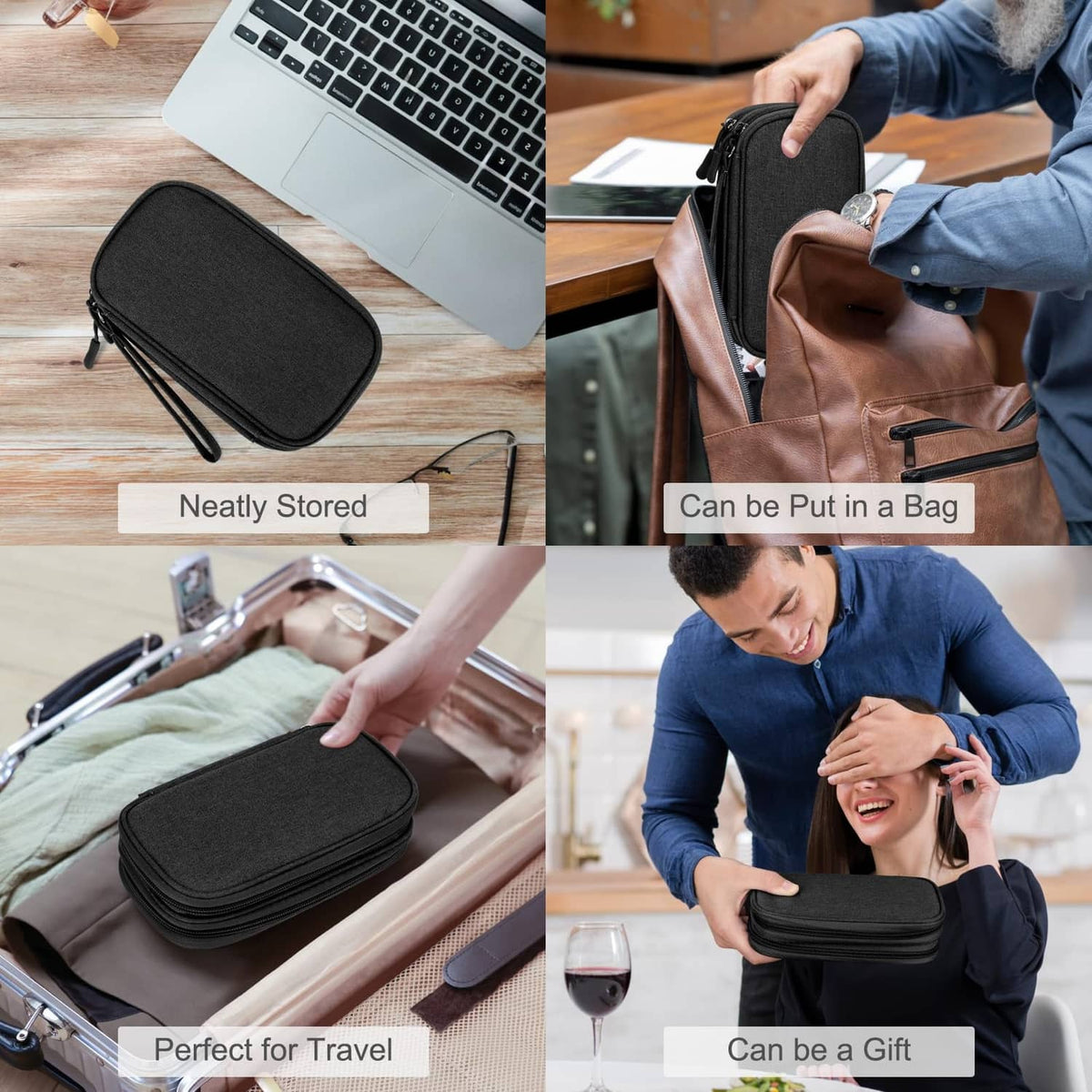Black zippered cable organizer pouch for travel, neatly stored and portable