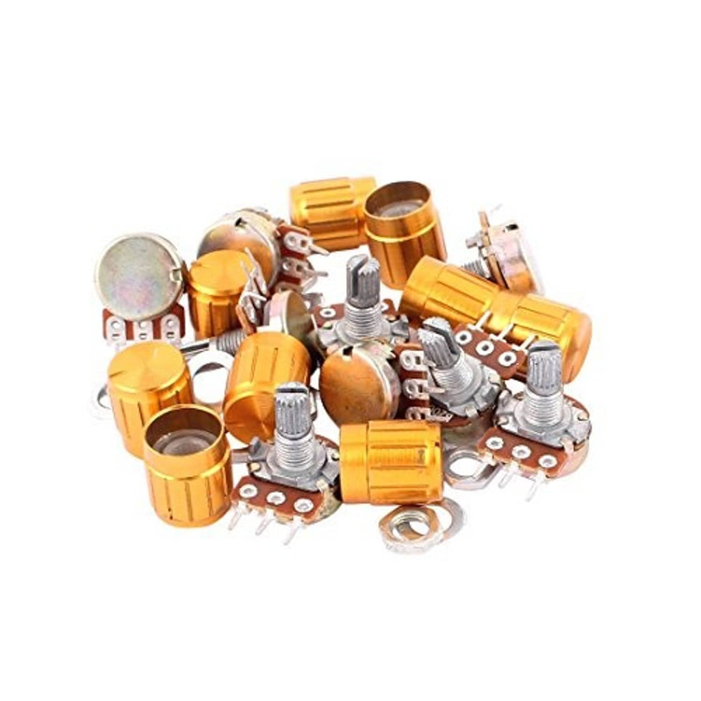 10-piece gold rotary potentiometer kit with metal shafts and 3-pin terminal blocks