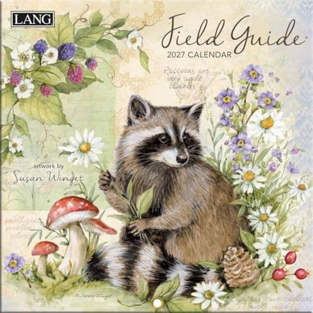 Mini wall calendar cover featuring a raccoon among wildflowers with LANG logo