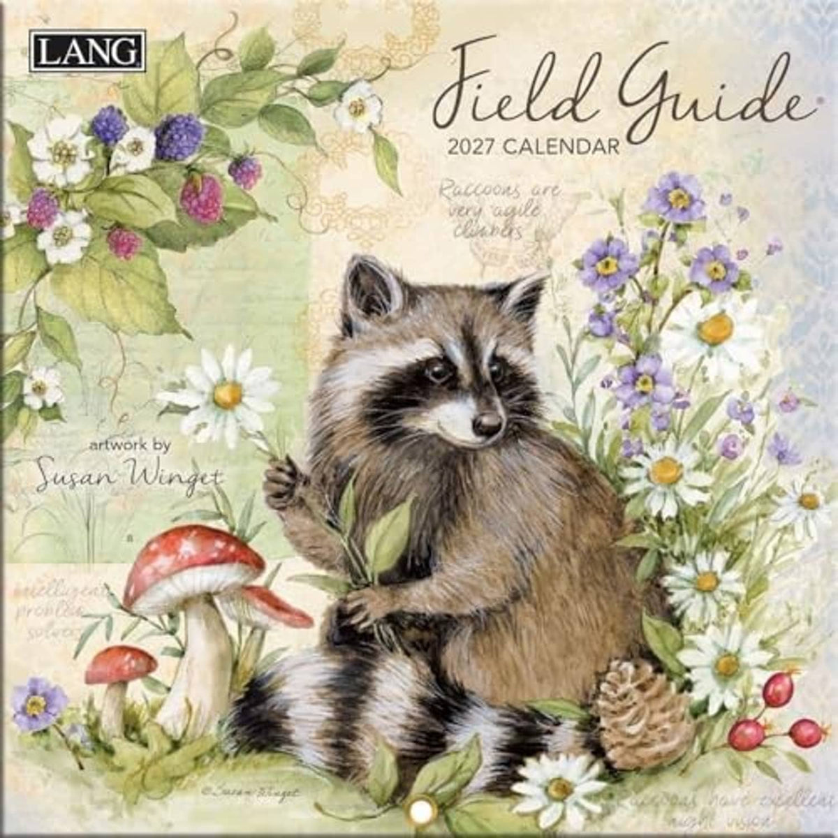 Mini wall calendar cover featuring a raccoon among wildflowers with LANG logo