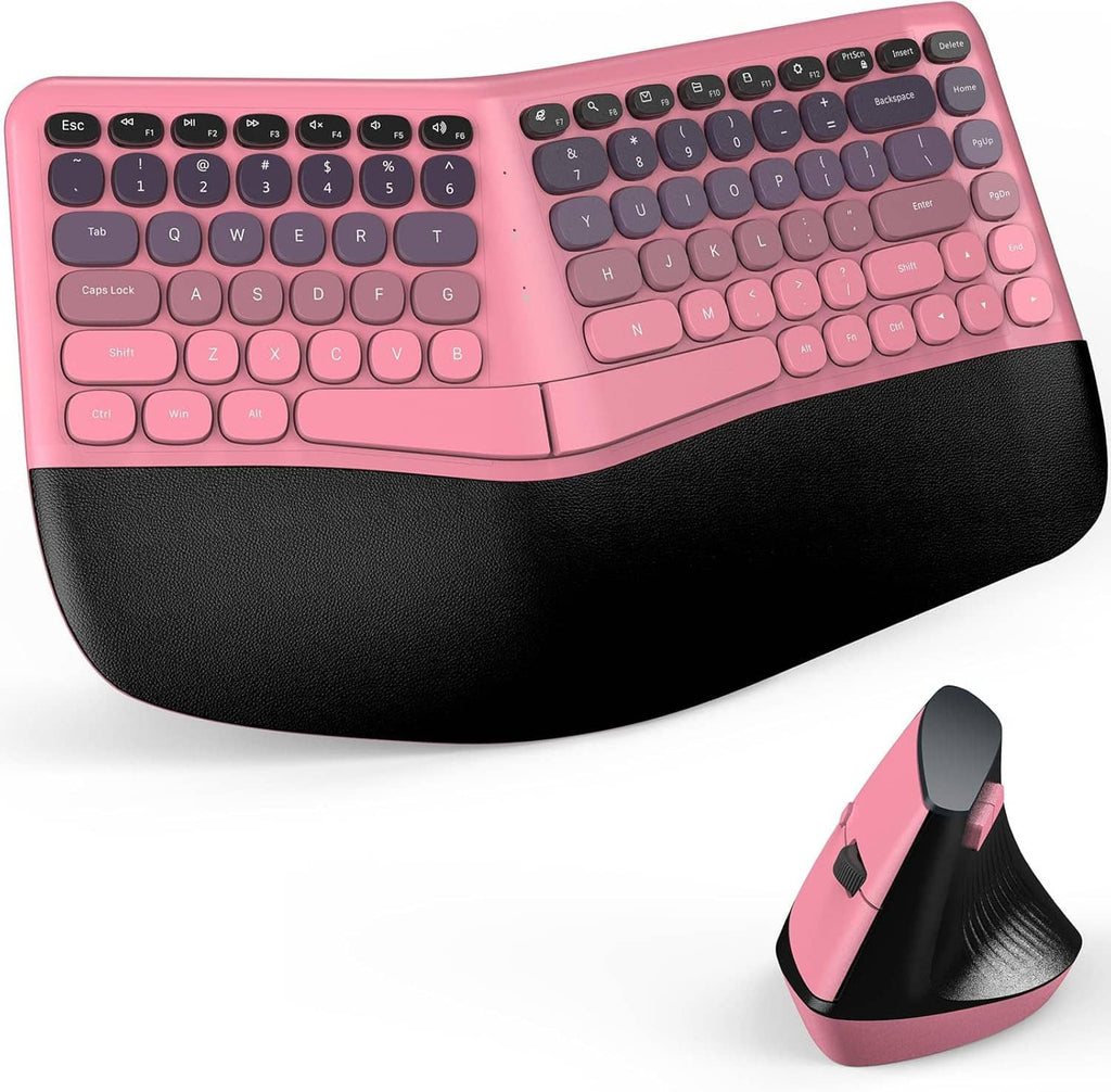 Top view of pink split curved wireless keyboard with wrist rest and matching mouse