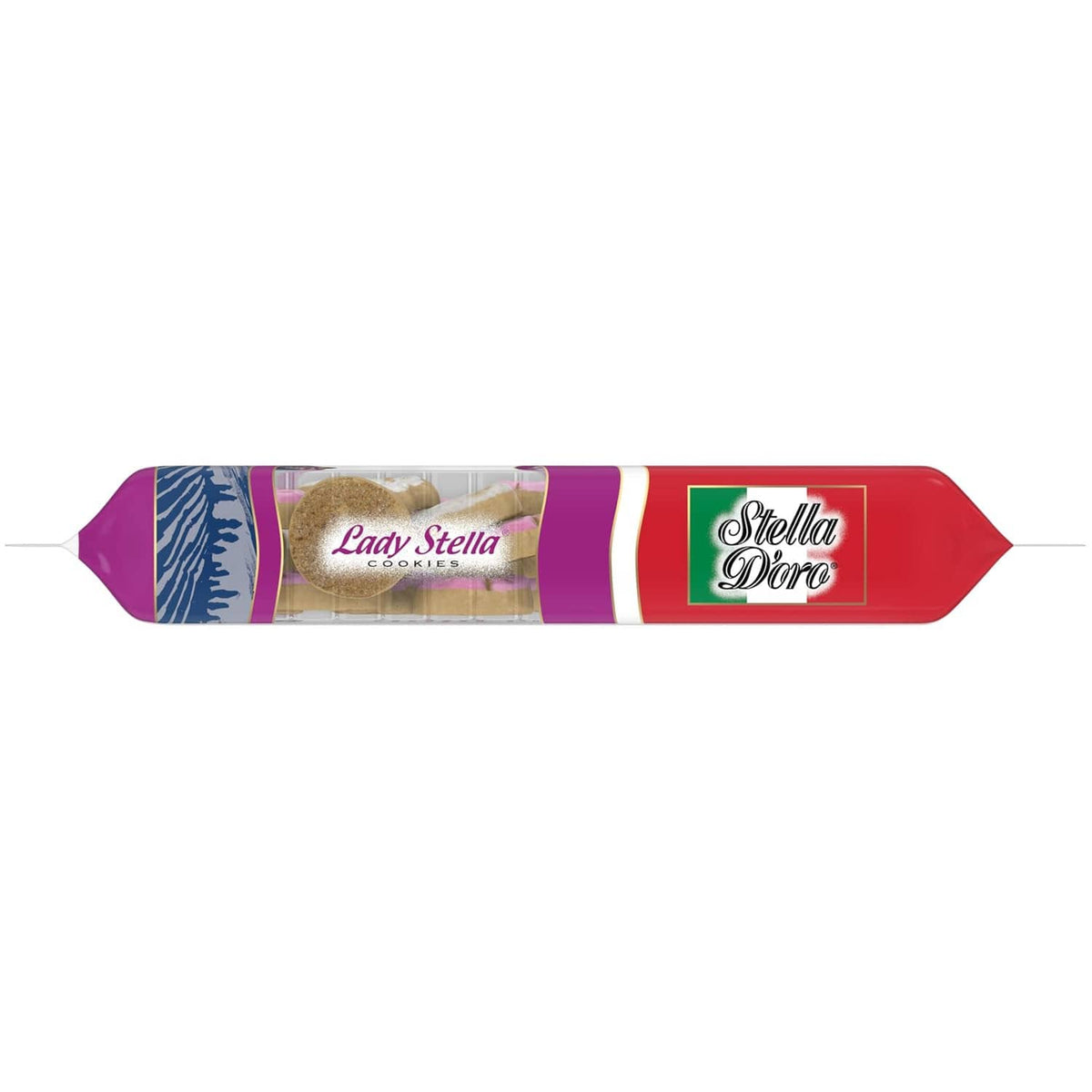Assorted cookies roll-style package with purple side panel and Stella Doro label