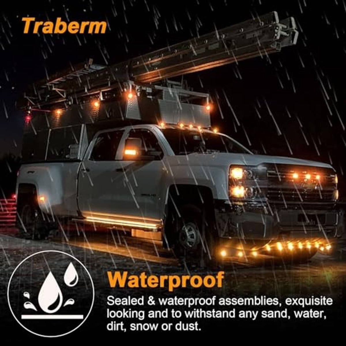 Amber trailer side marker lights on a truck, shown in rainy conditions
