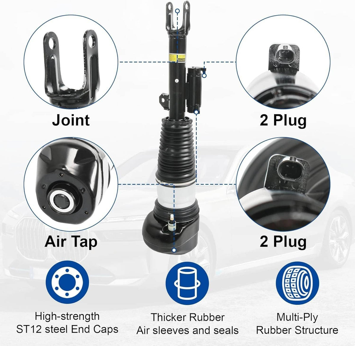 Air suspension shock strut with joint area and plug connectors, black rubber air sleeve