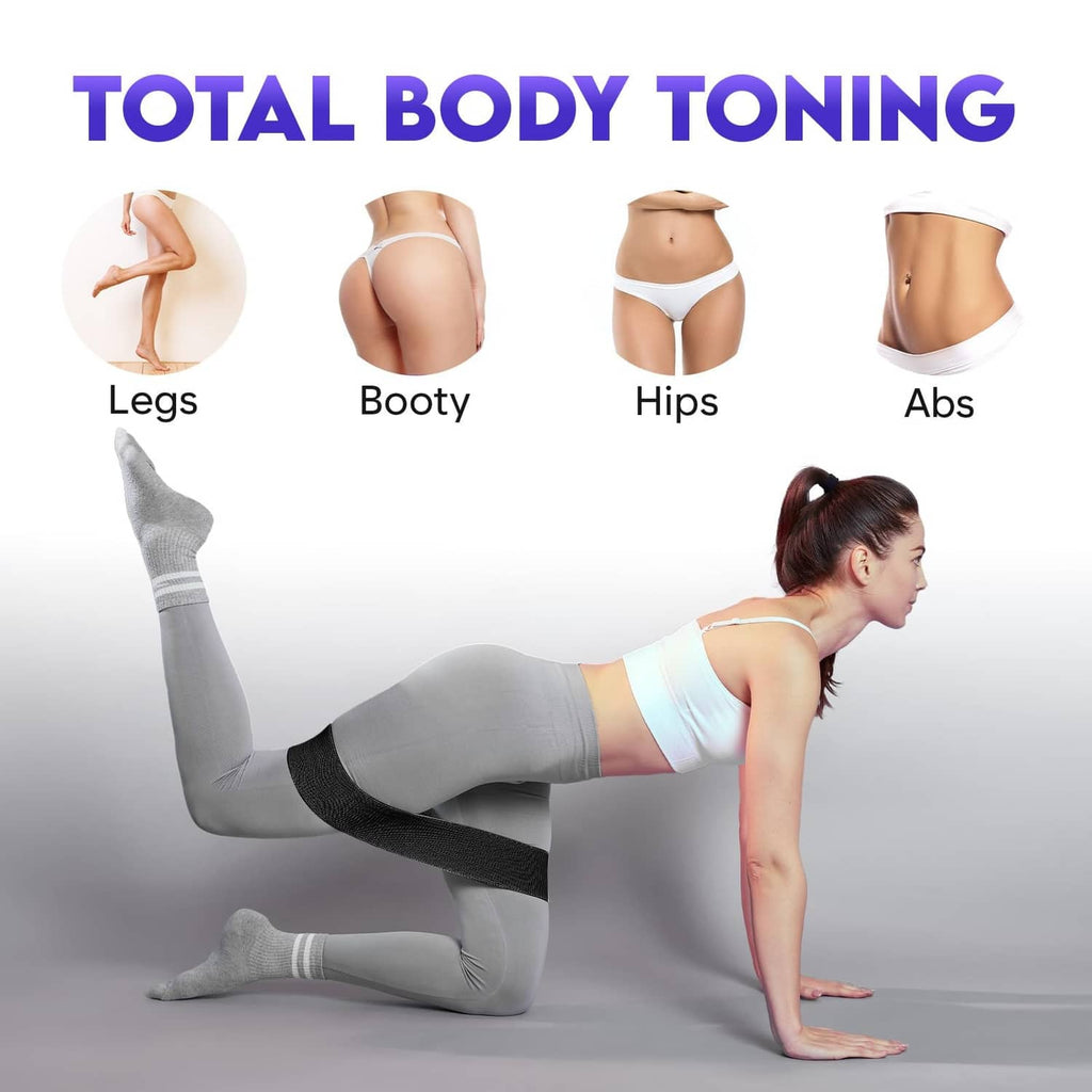 Wide fabric resistance band worn around legs for stretching and toning