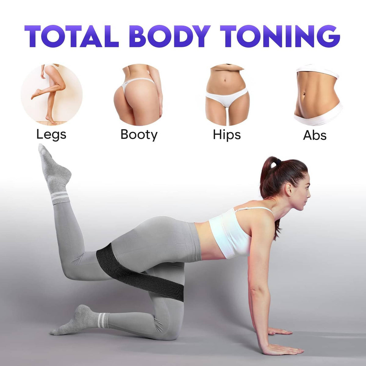 Wide fabric resistance band worn around legs for stretching and toning
