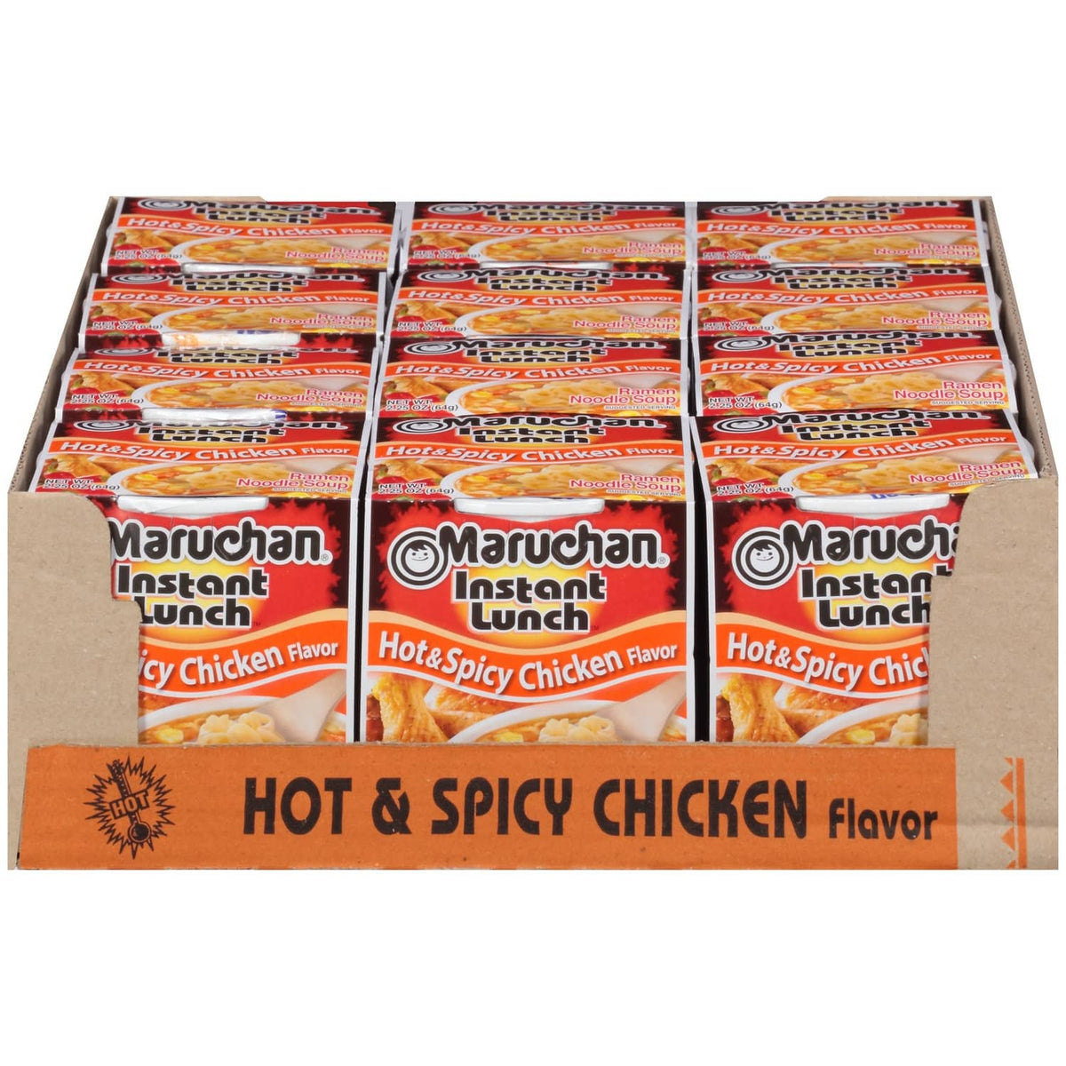 Tray of Maruchan Instant Lunch Hot & Spicy Chicken ramen noodle soup packs, orange cartons