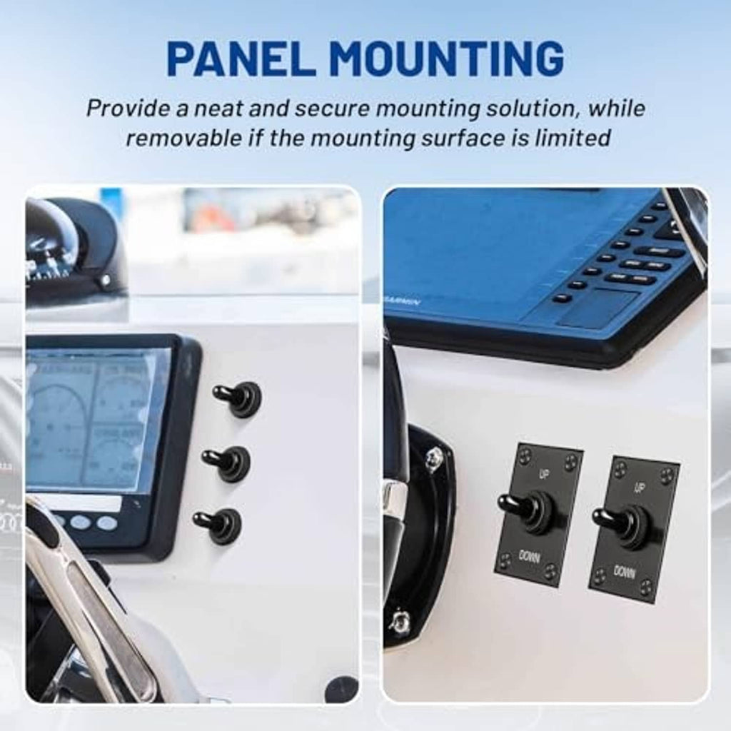 Panel-mounted marine toggle switch with black lever on a rectangular faceplate