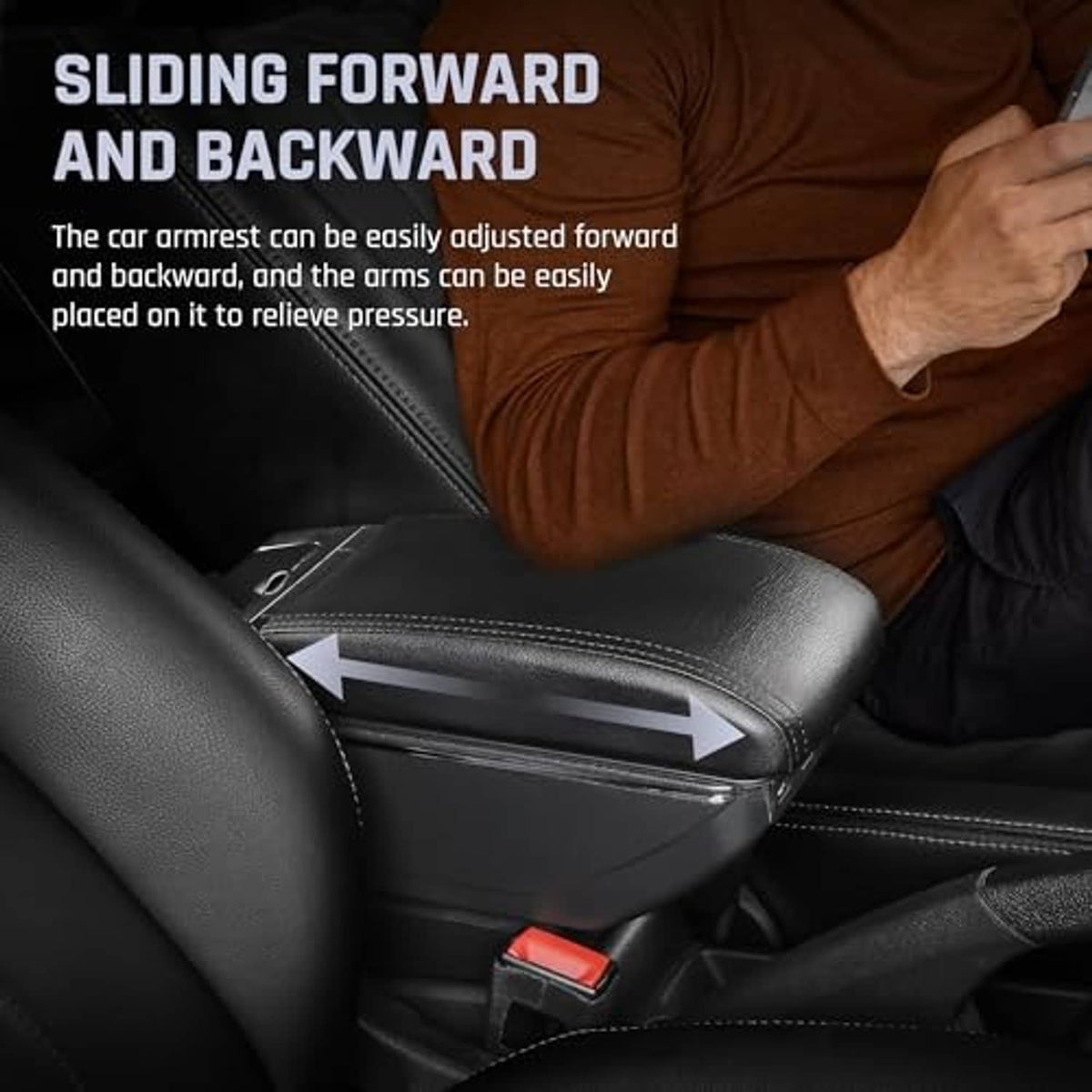 Black sliding car armrest cover panel with visible adjustment track