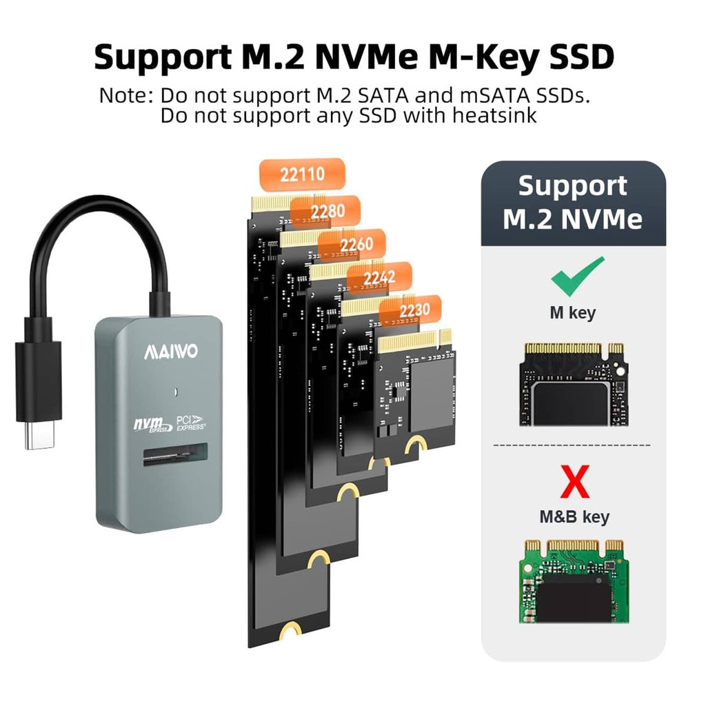 Grey M.2 NVMe M-Key SSD to USB-C adapter with compatibility indicators