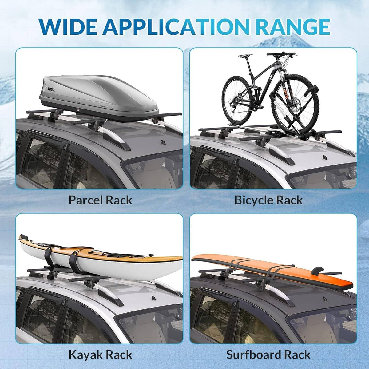 Black aluminum roof rack cross bars with base mounts, shown with bicycle and cargo racks