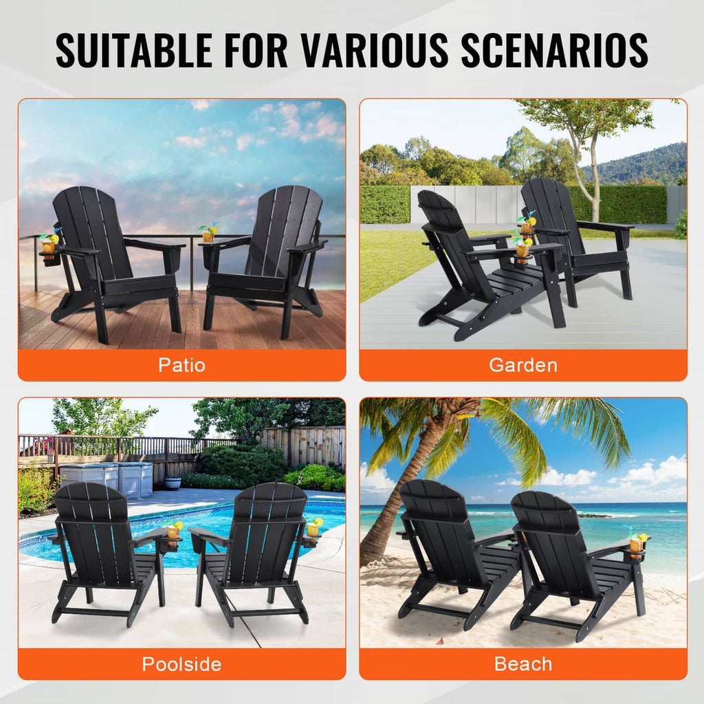 Set of 2 black folding Adirondack patio chairs displayed in outdoor settings