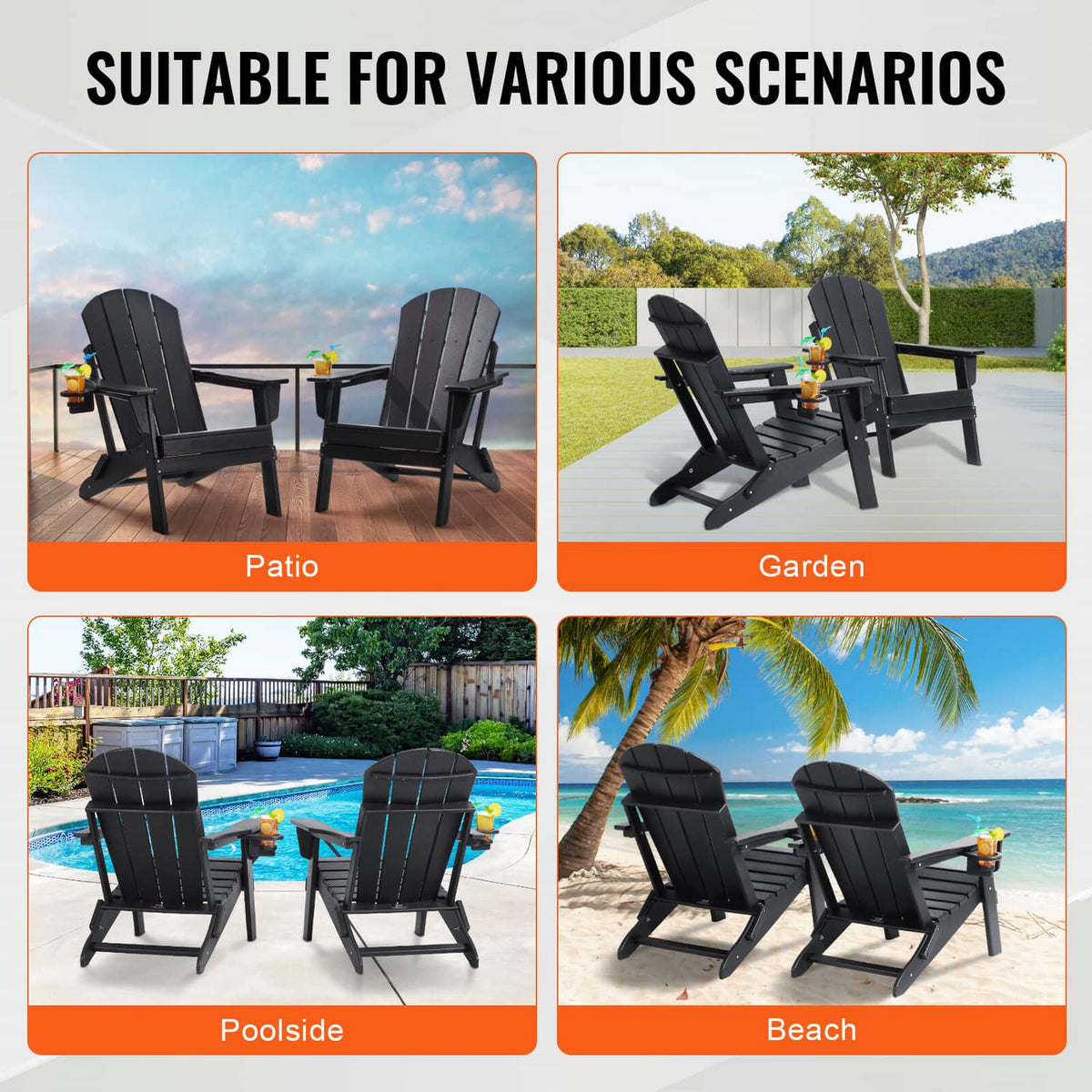Set of 2 black folding Adirondack patio chairs displayed in outdoor settings
