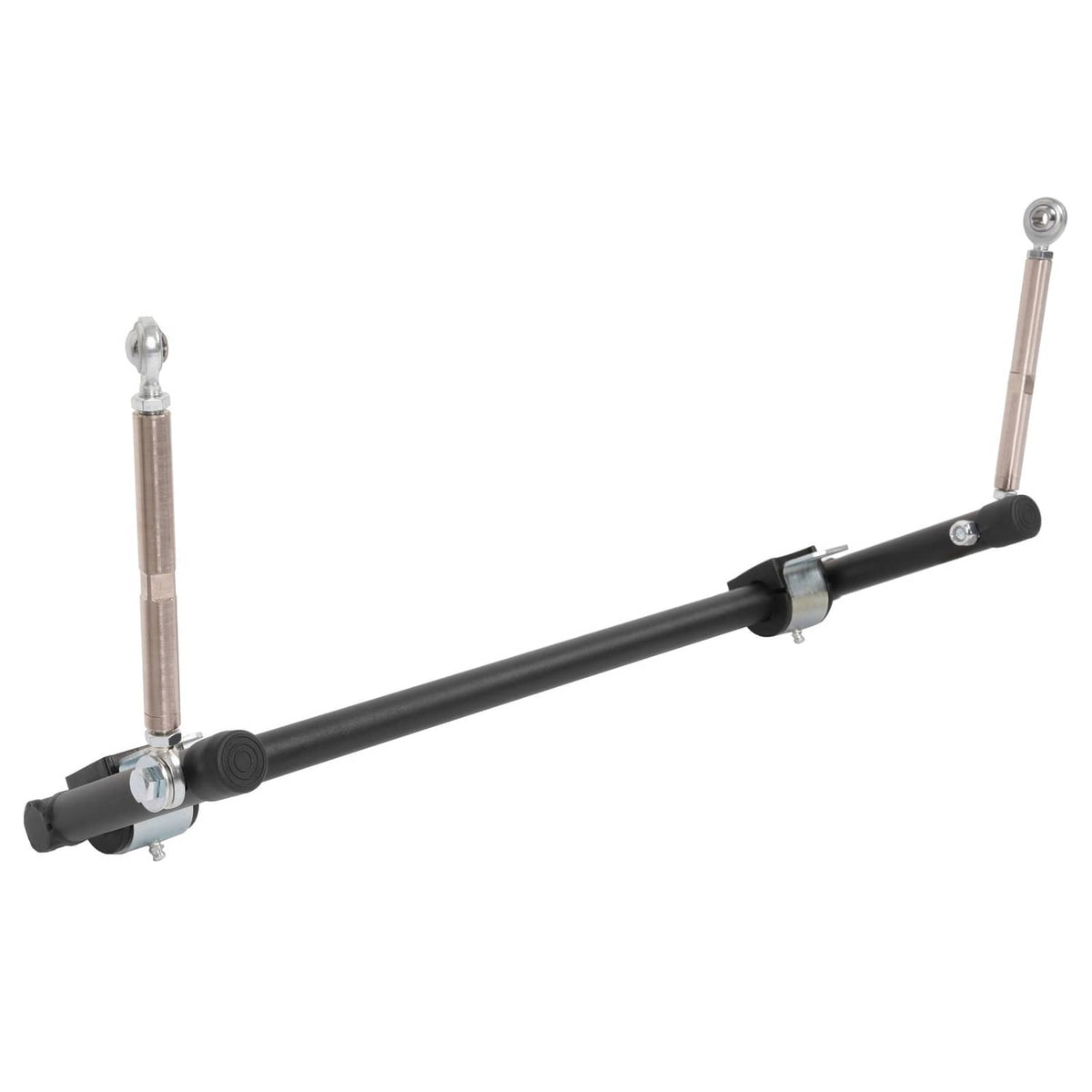 Black anti-roll sway bar with two silver end links and rubber bushings