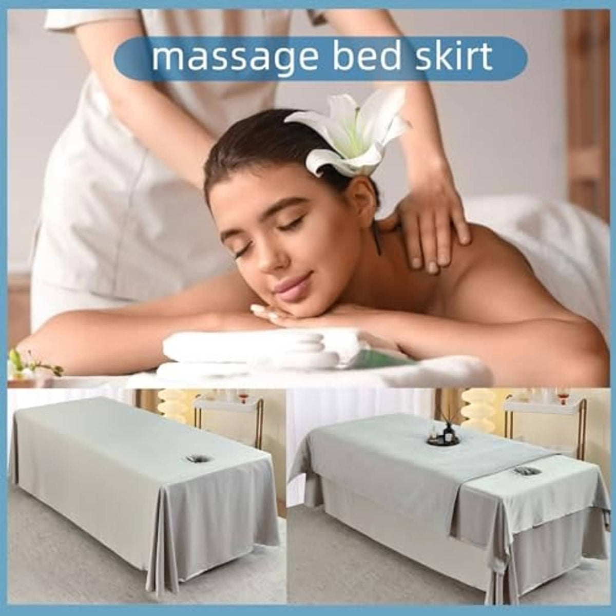 Grey massage table skirt sheet with face opening, draped over table sides