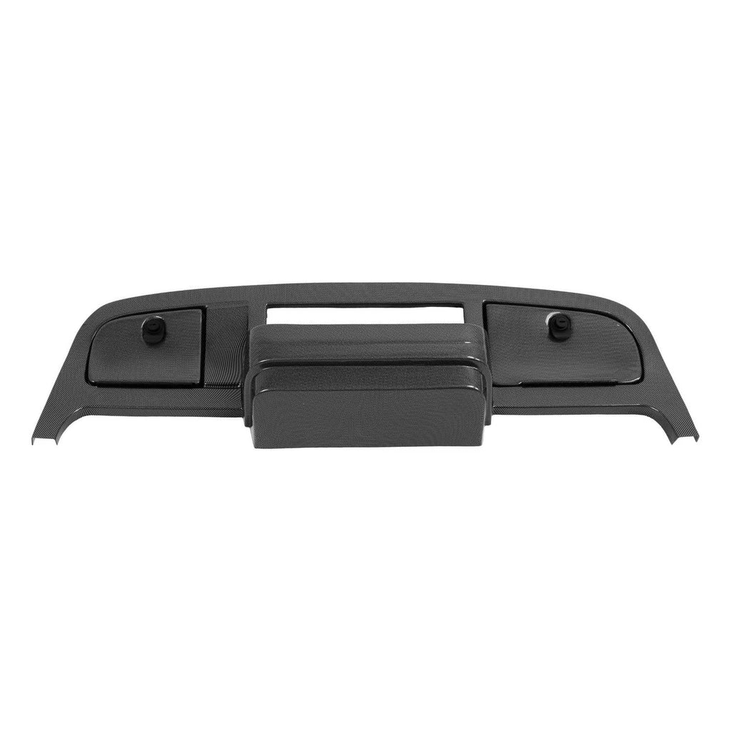 Dark dashboard dash cover with textured surfaces, two end panels, and center pocket
