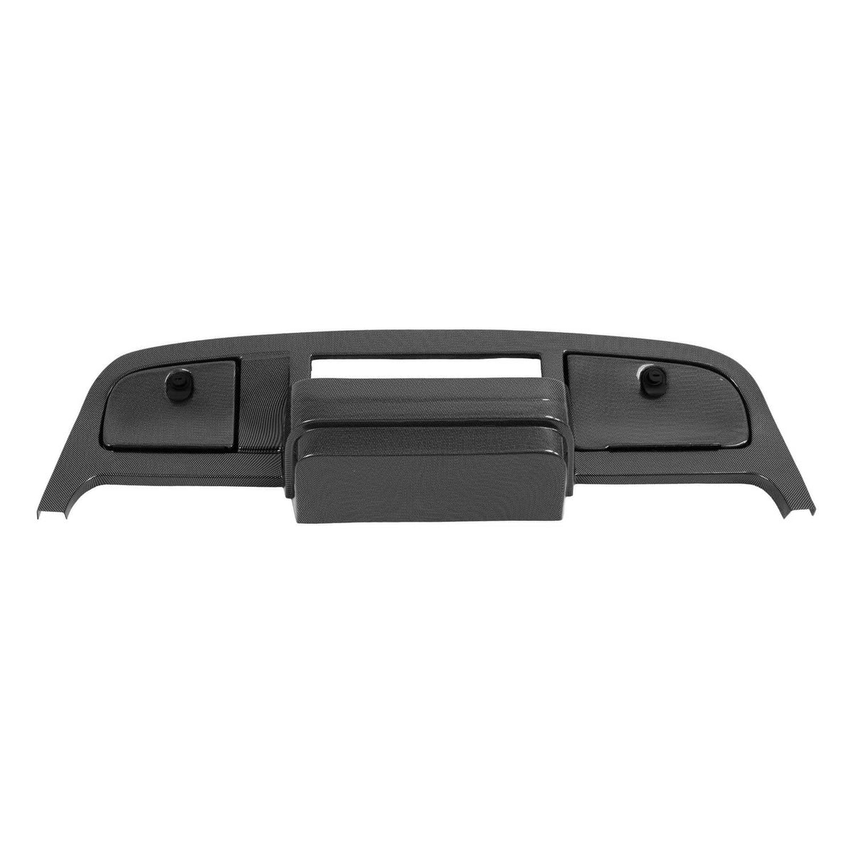 Dark dashboard dash cover with textured surfaces, two end panels, and center pocket