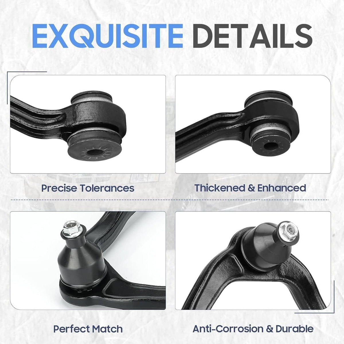 Control arm details showing ball joint stud and bushing areas on black steel arms