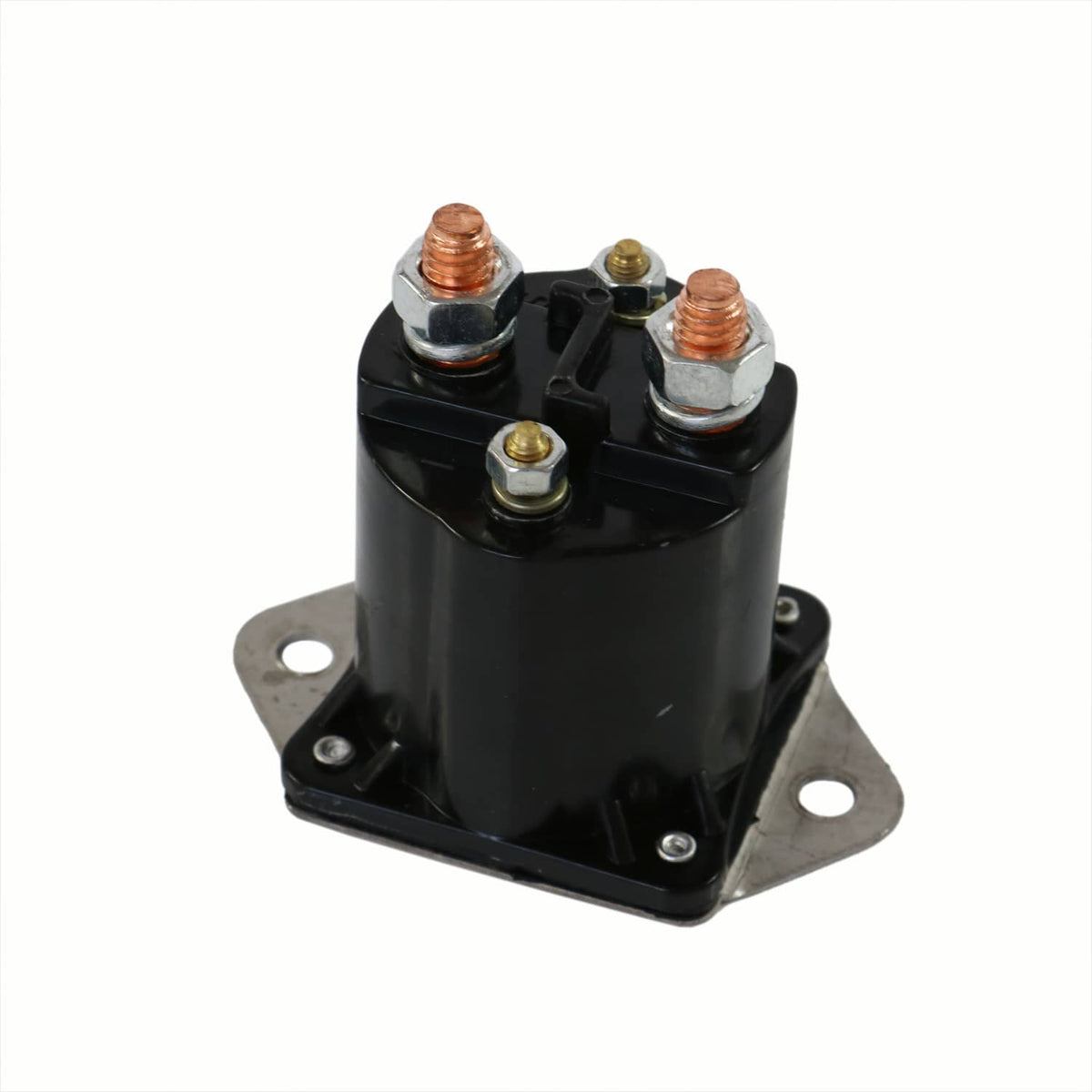 Black solenoid switch with copper studs and four mounting holes on base