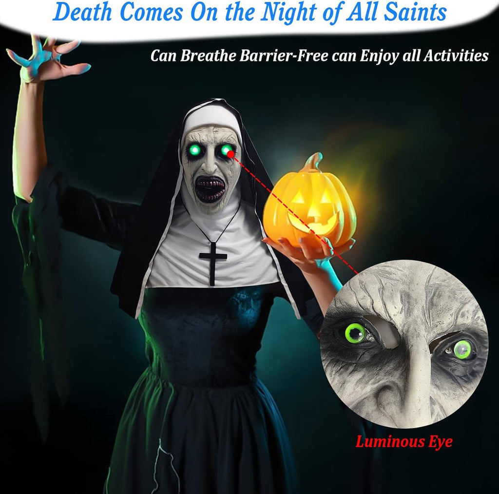Horror nun full-head mask with hooded robe, pale face, glowing green eyes, hanging cross charm