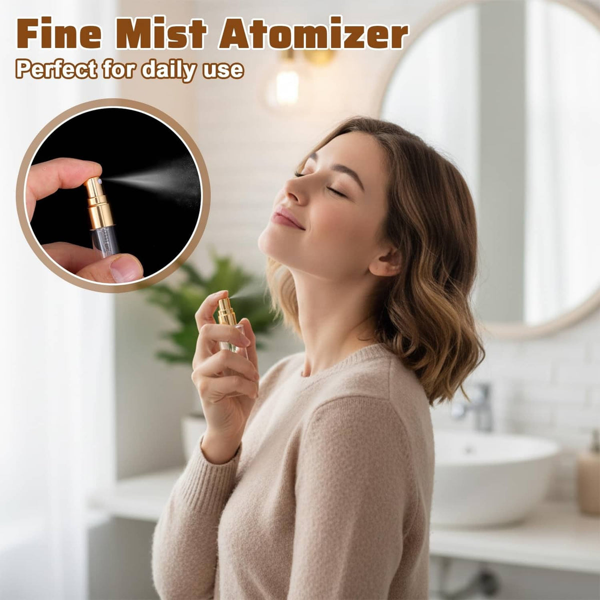 Single gold-capped clear glass perfume atomizer spray bottle held in hand
