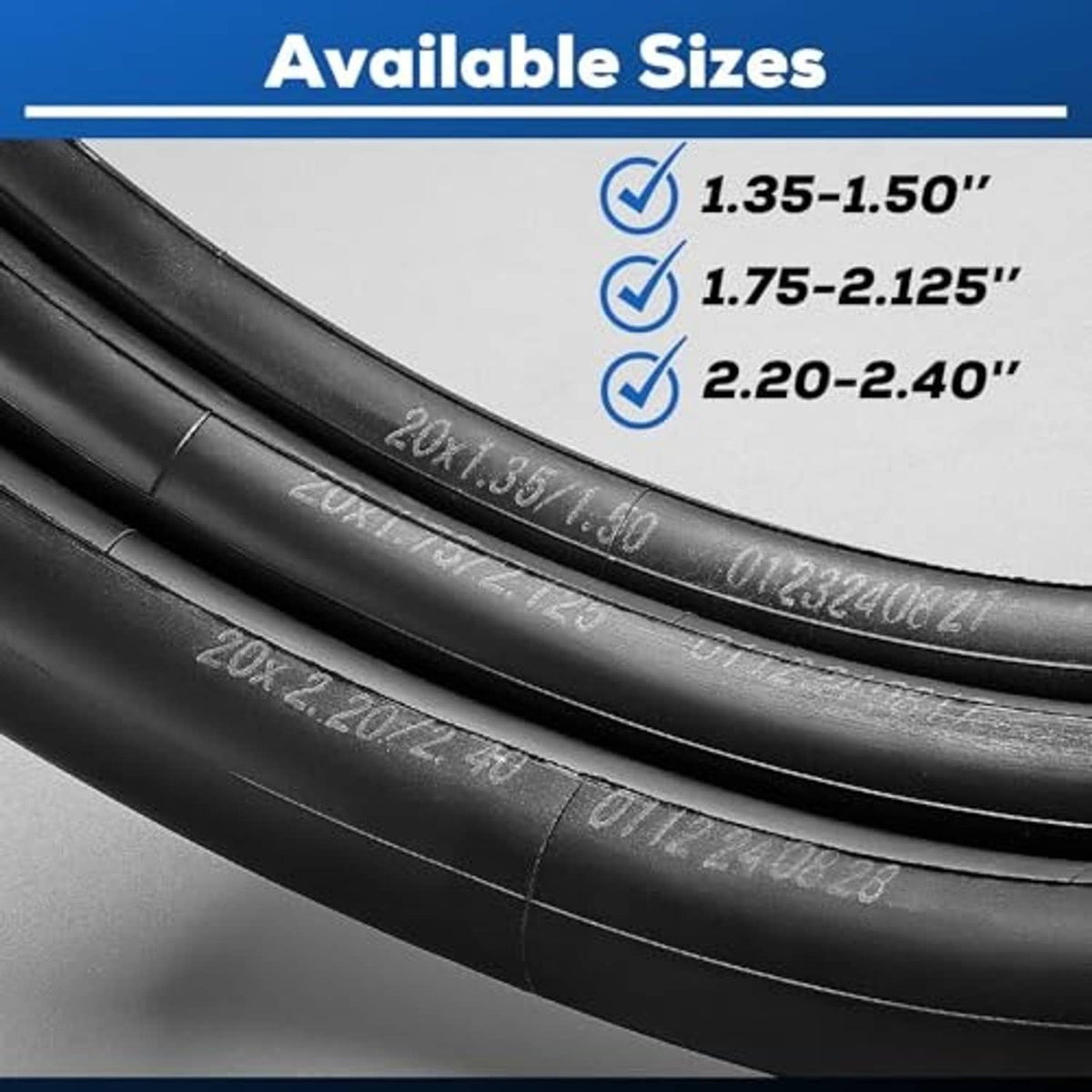 Black inner tube with size markings for 1.35–1.50 and 1.75–2.125