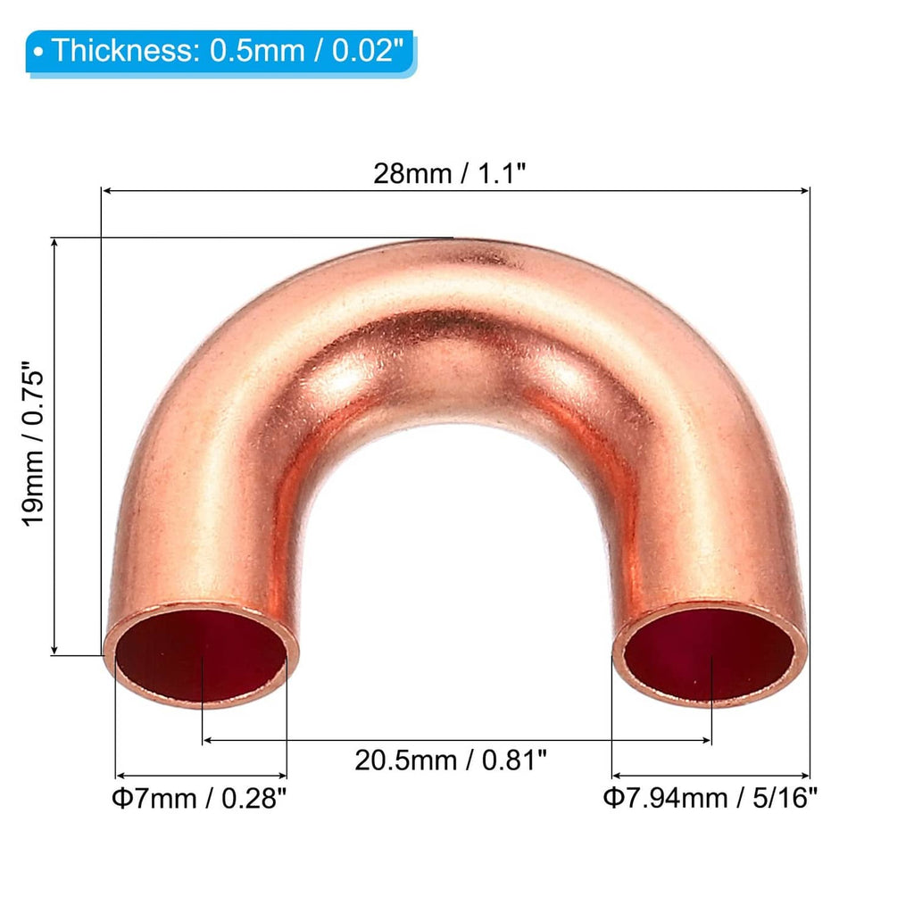 Copper elbow pipe fitting with U-shaped bend and flared end openings
