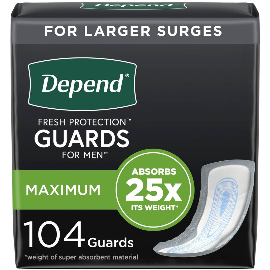 Men's bladder control guards box, dark packaging with white and green accents, 104 count