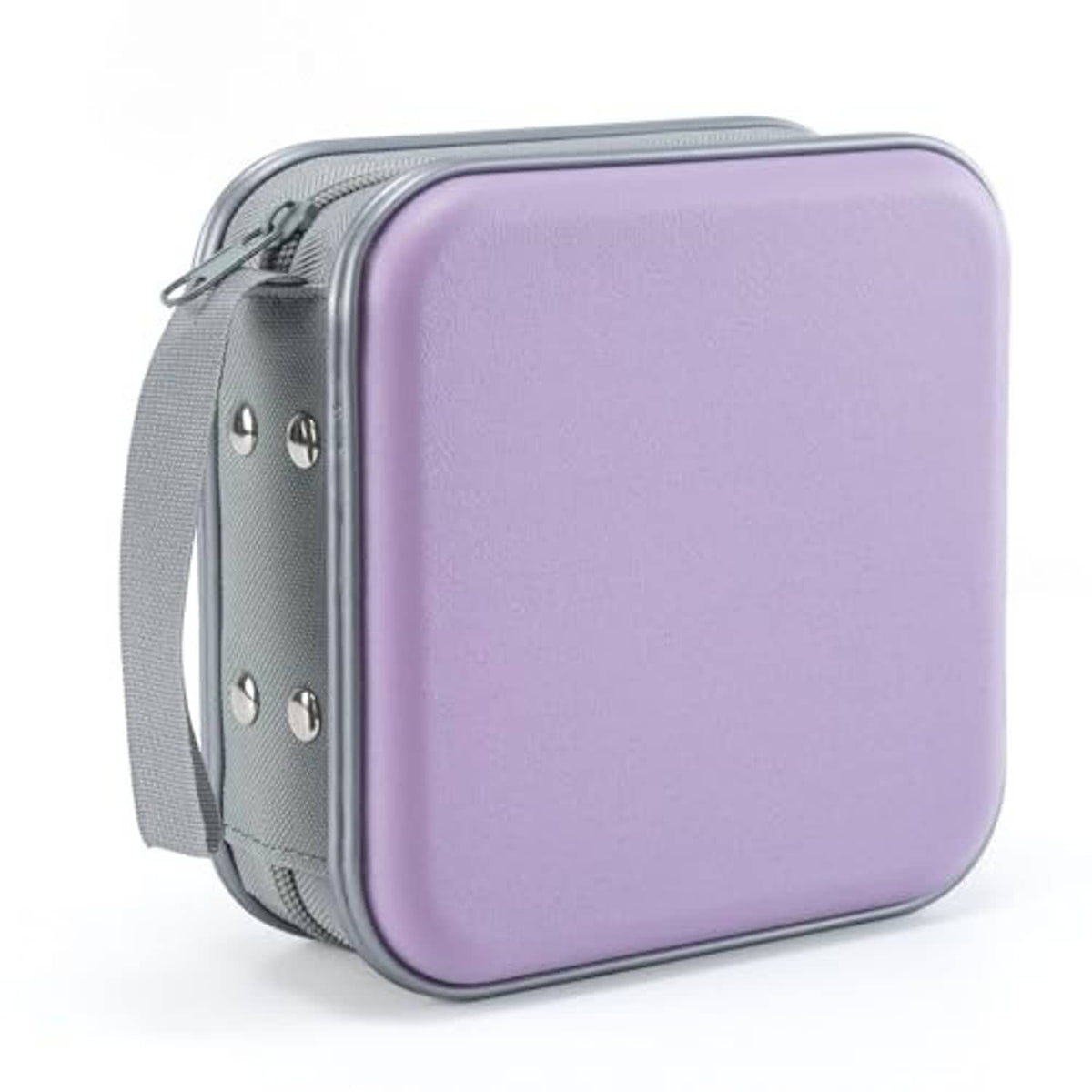 Lavender hard CD/DVD case with gray zipper trim and adjustable shoulder strap