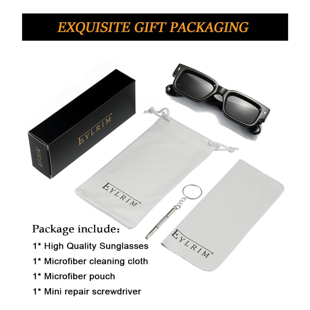 Gift set: black sunglasses with pouch, microfiber cloth, and small repair tool