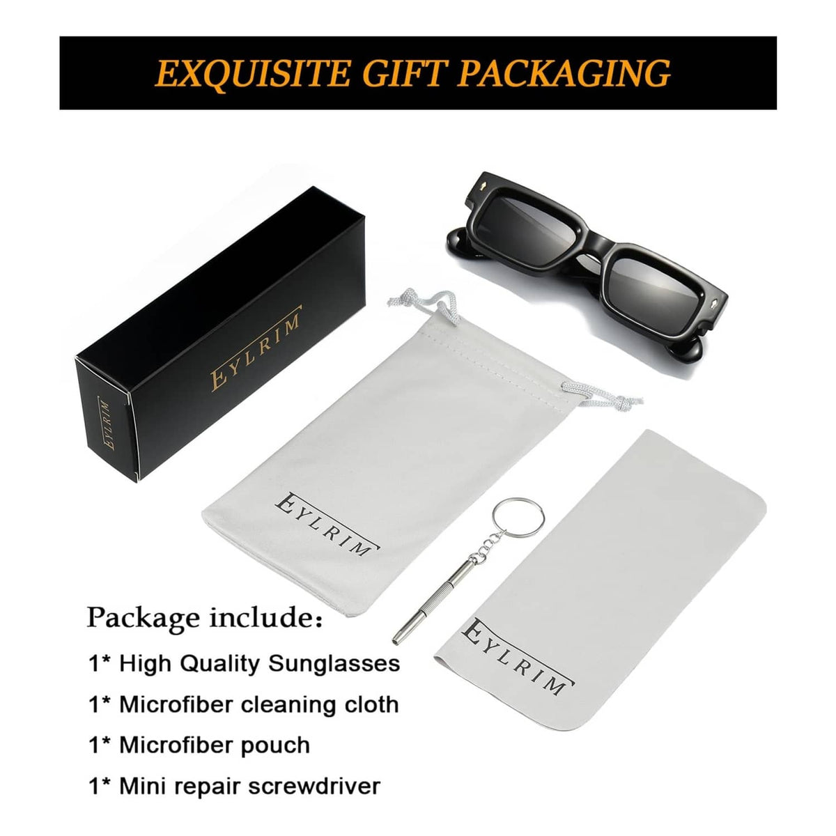 Gift set: black sunglasses with pouch, microfiber cloth, and small repair tool