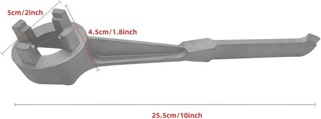 Aluminum drum bung wrench size view, circular head with long lever handle