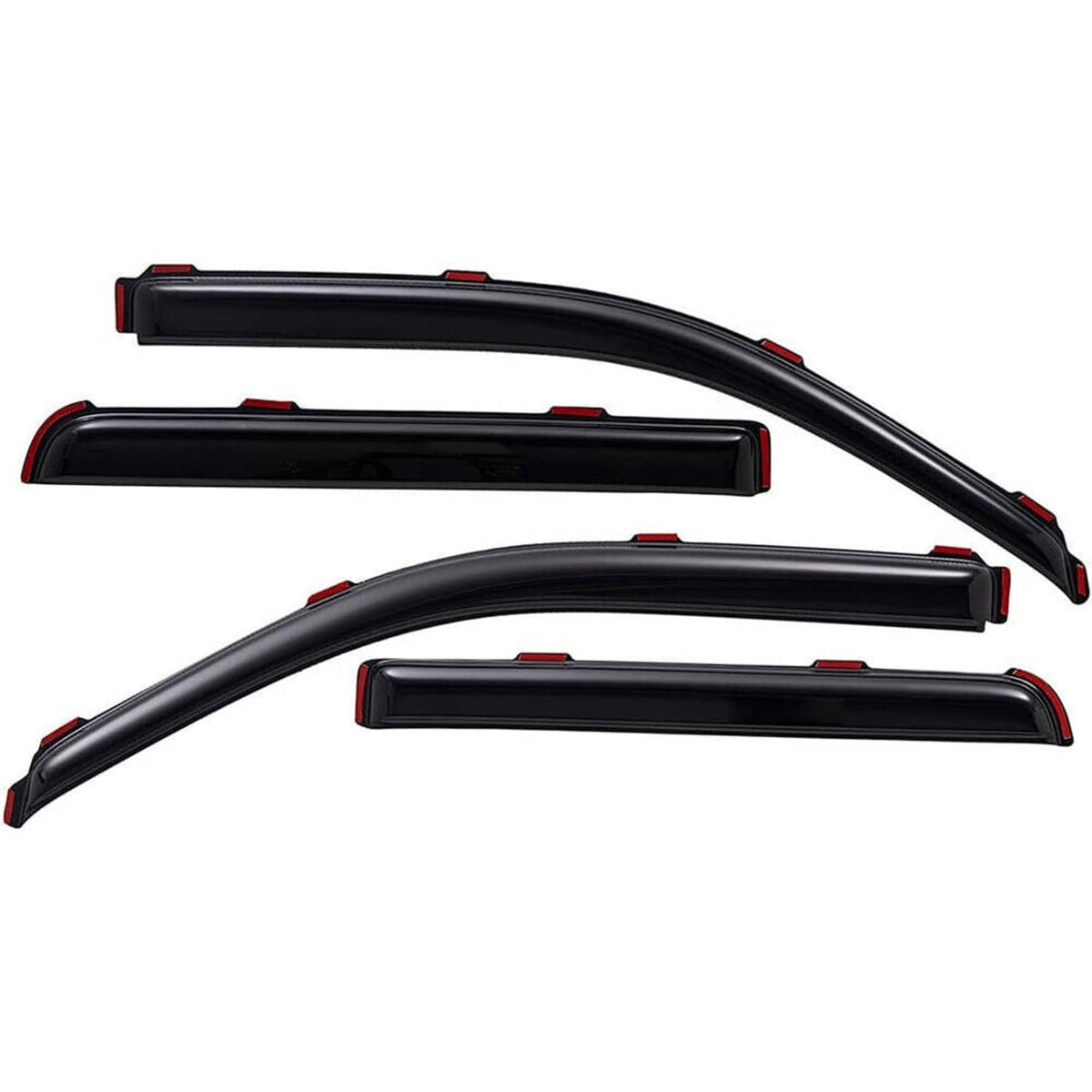 Five black in-channel window vent visors with red mounting accents