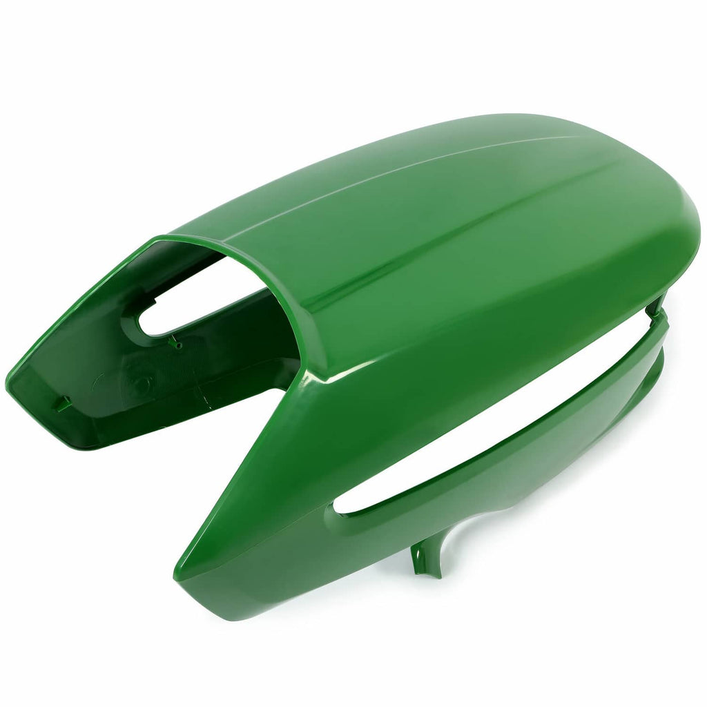 Green lawn mower front hood with curved top and side latch opening