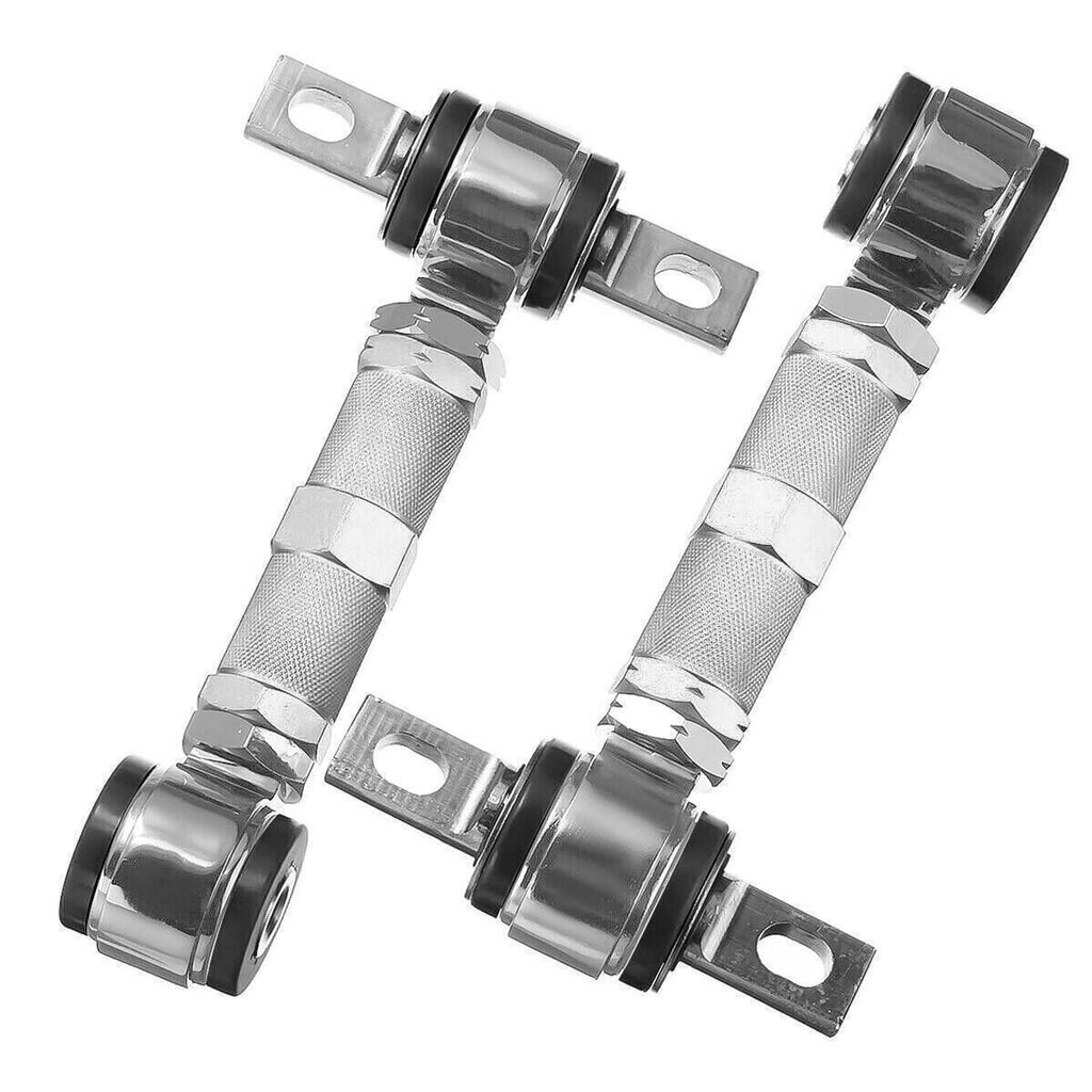 Adjustable camber control arm rods with shiny metal finish and mounting tabs