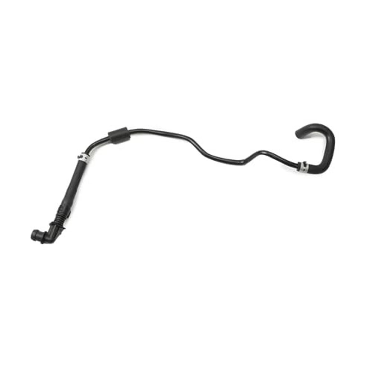 Black vent hose pipe for engine coolant overflow tank with curved shape and metal fittings