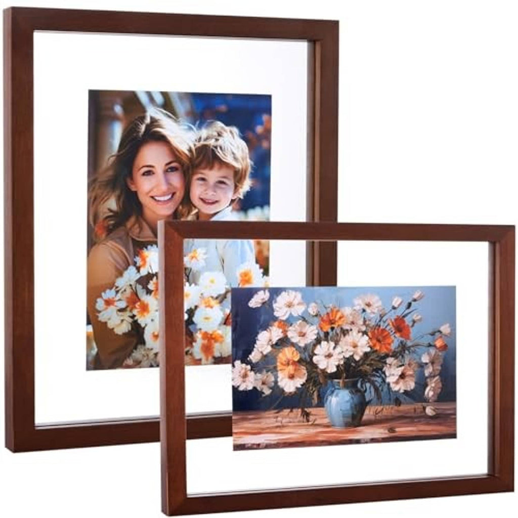 Dark walnut floating photo frame with two visible photos, overlapping view