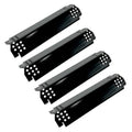 Four black porcelain steel grill heat plates with perforated end brackets and round burner holes