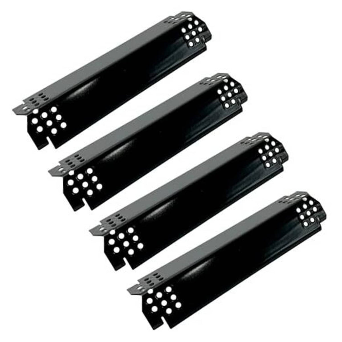 Four black porcelain steel grill heat plates with perforated end brackets and round burner holes