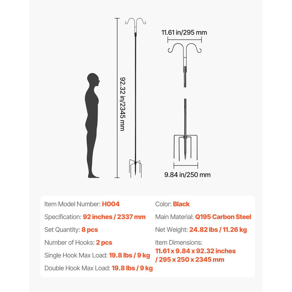 Black double-hook shepherds hook pole with stake base and two curved hanging hooks (diagram)