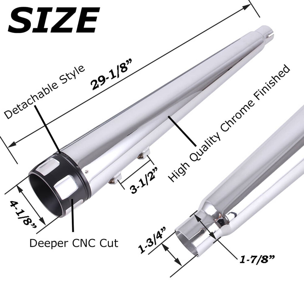 Chrome exhaust muffler pipes with black end caps and mounting hardware, size diagram